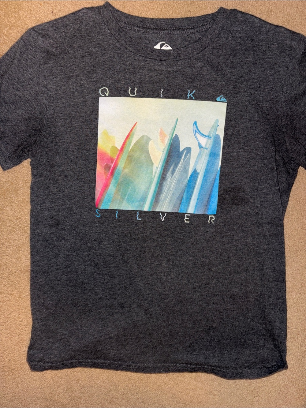 Quiksilver Kids Charcoal Tee with Multicolor Surfboard Graphic